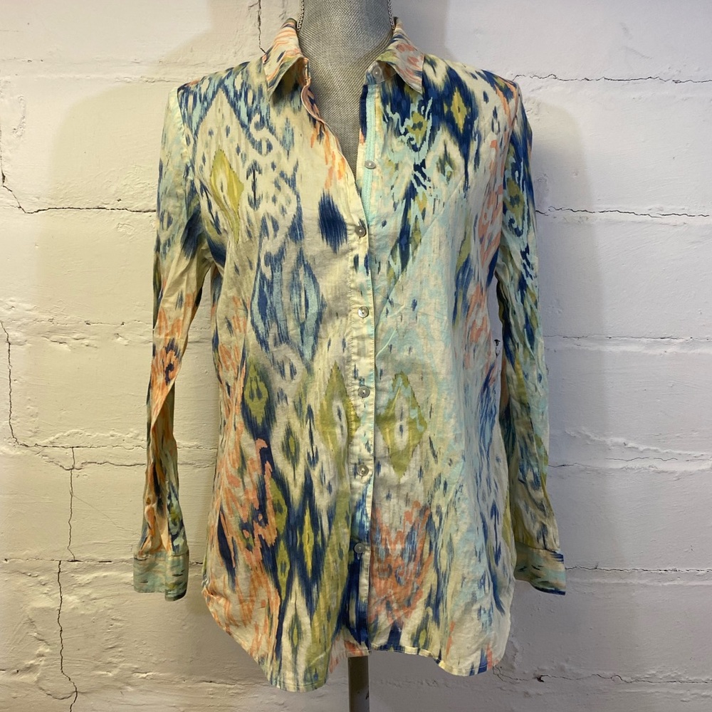 Chico’s Womens Print Button Down Long Sleeve Shirt in Pastel Colors